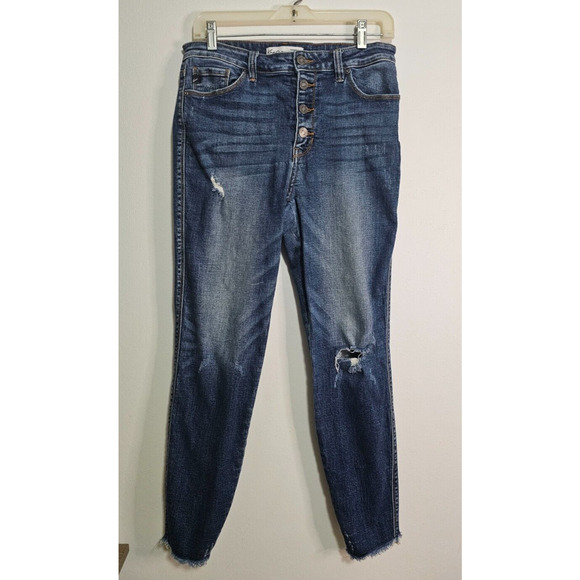 Kancan Denim Jeans Women's SZ 29 Dark Wash Button Fly Raw Hem Light Distressing - Picture 1 of 10